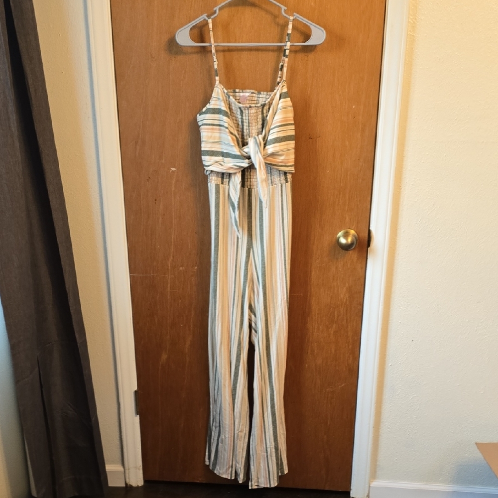 No Boundaries Striped Tie-Front Jumpsuit - Cream, Sage & Blue